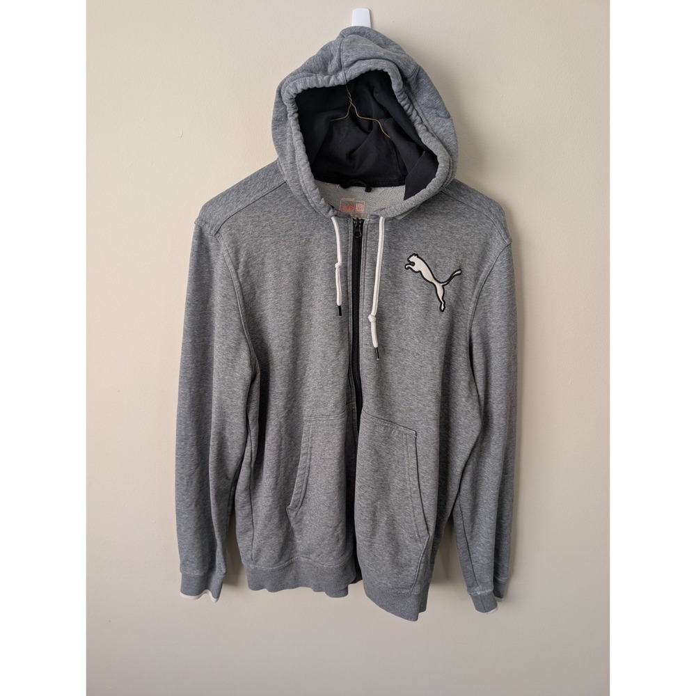 PUMA Gray Solid Full Zip Hooded Hoodie Logo Pockets Men's Regular Size L Heather